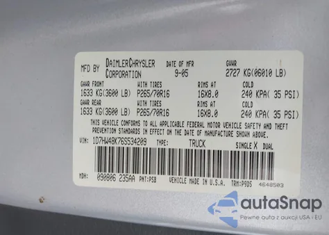 2006 Dodge Dakota Slt z USA, uszkodzony, nr VIN 1D7HW48K76S534209